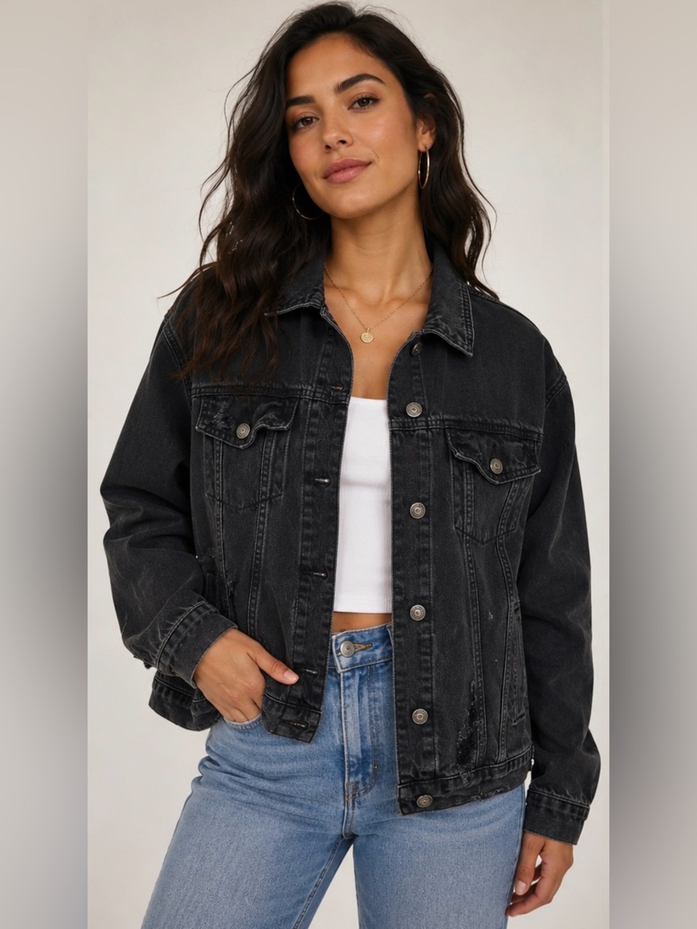 Hollister Distressed Black Denim Trucker Jacket Size L Grunge Y2K